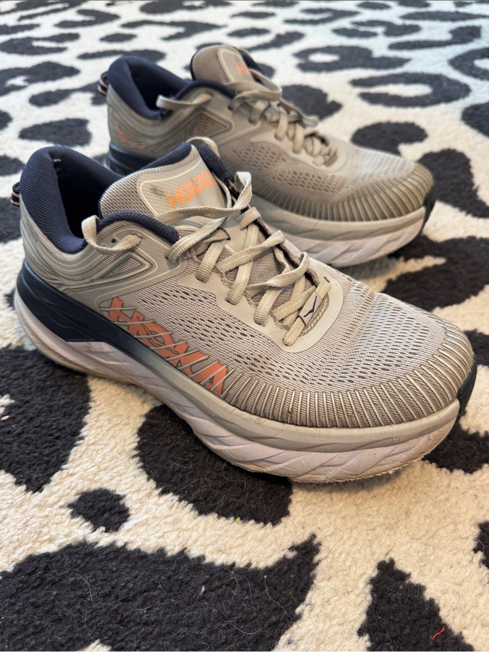 Hoka Bondi 7 running shoe- Gray and Navy with Orange Logo- size 8.5